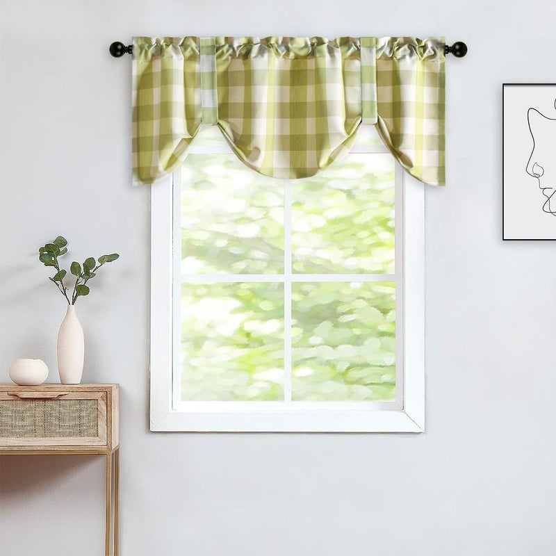 VOGOL VOGOL Green & White Farmhouse Curtain Valance  Buffalo Check Tie Up Window Shade Rod Pocket Tie-up Valances for Cafe  52x18  One Piece  - Image 2