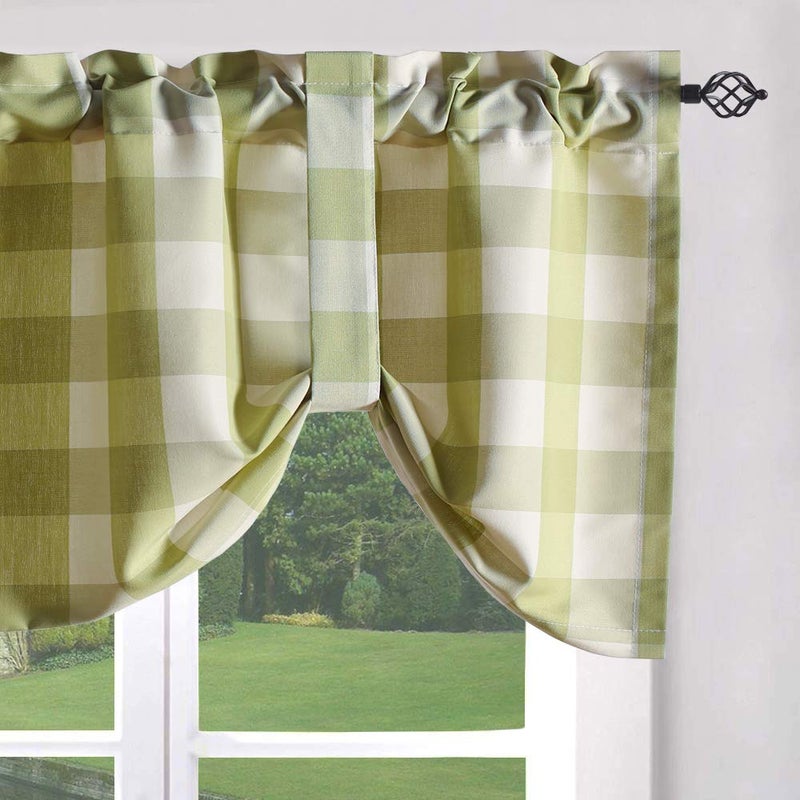 VOGOL VOGOL Green & White Farmhouse Curtain Valance  Buffalo Check Tie Up Window Shade Rod Pocket Tie-up Valances for Cafe  52x18  One Piece  - Image 1