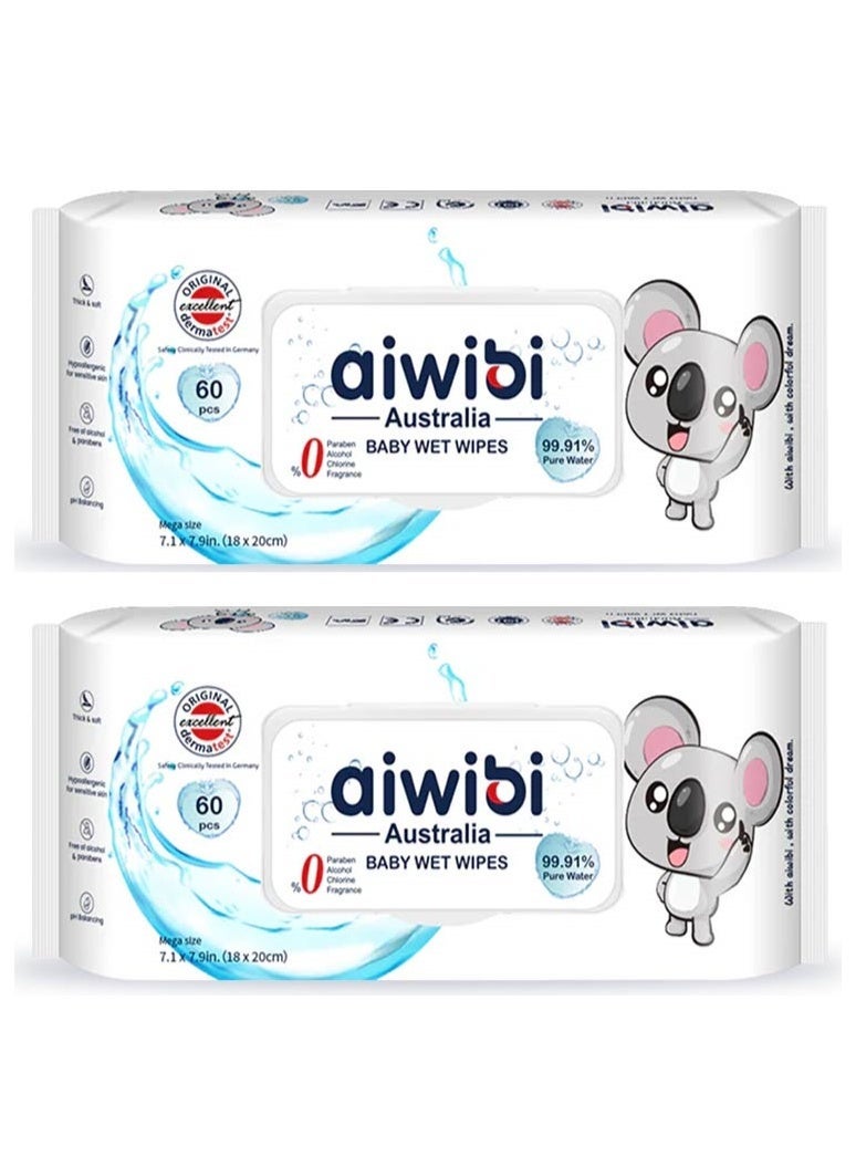 aiwibi 2pcs Aiwibi 99.91% Water Baby Wet Wipes - 60 Wipes - Image 1