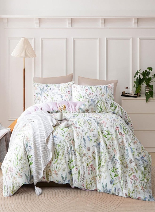 EAVD Girls Floral Duvet Cover Twin Soft Cotton Chic Cute Bird Floral Print Bedding Set Vibrant Botanical Bedding Set with 2 Pillowcases Vintage Botanical Comforter Cover with Zipper Closure - Image 1