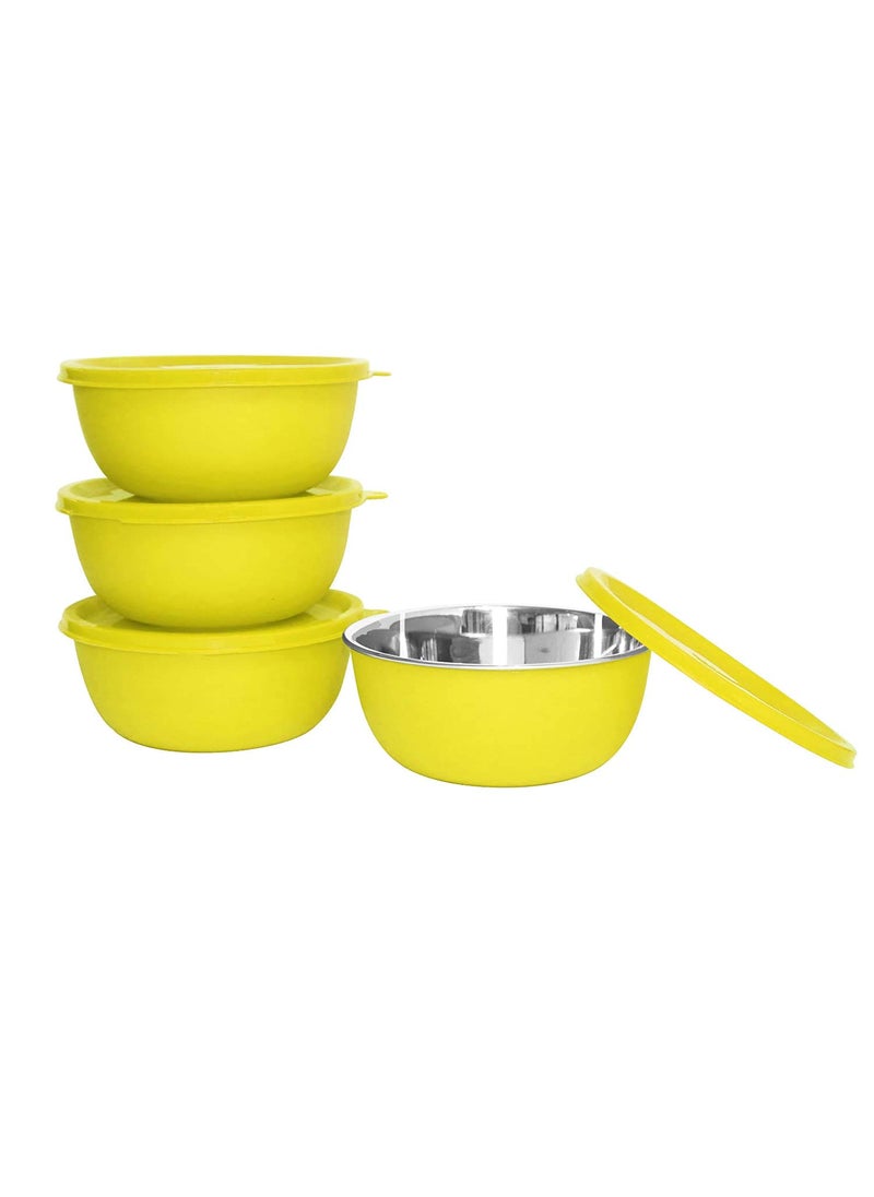 FINALITY finality Microwave Safe Plastic Coated Stainless Steel Air Tight Serving and Storage Bowl with Lid Yellow Color Set of 4 Size 14 cm Capacity 500 ml Each Bowl  - Image 1