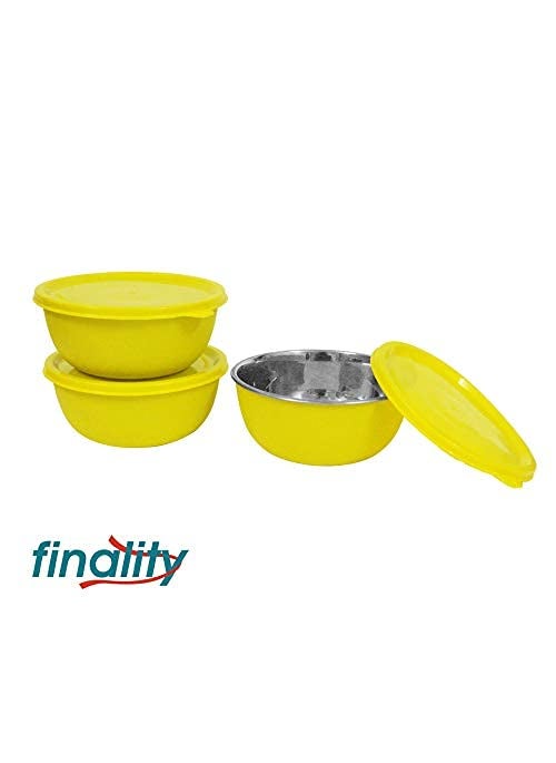 FINALITY finality Microwave Safe Plastic Coated Stainless Steel Air Tight Serving and Storage Bowl with Lid Yellow Color Set of 4 Size 14 cm Capacity 500 ml Each Bowl  - Image 3