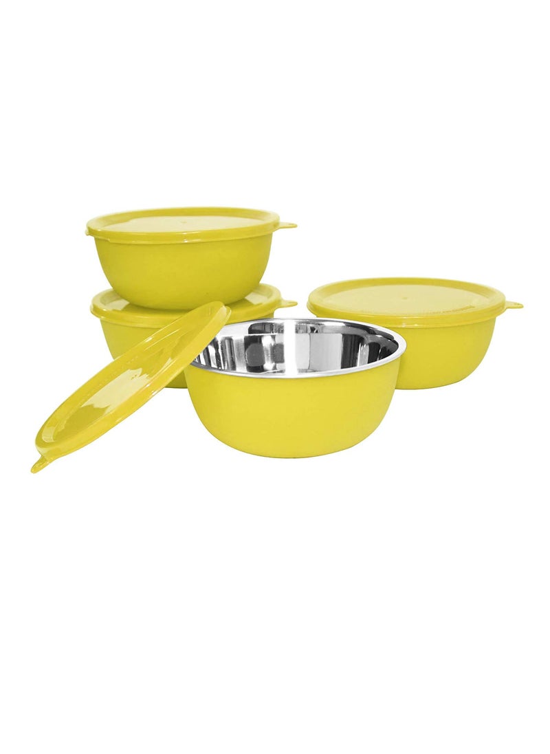 FINALITY finality Microwave Safe Plastic Coated Stainless Steel Air Tight Serving and Storage Bowl with Lid Yellow Color Set of 4 Size 14 cm Capacity 500 ml Each Bowl  - Image 2