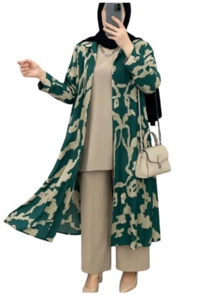 Women's 3-Piece Set: Long Floral Cardigan, Plain Blouse + Wide-Leg Pants. Chic Style for Hijabis. Beige & Petrol Blue. One Size Fits Approximately 65-70 kg. Code 419