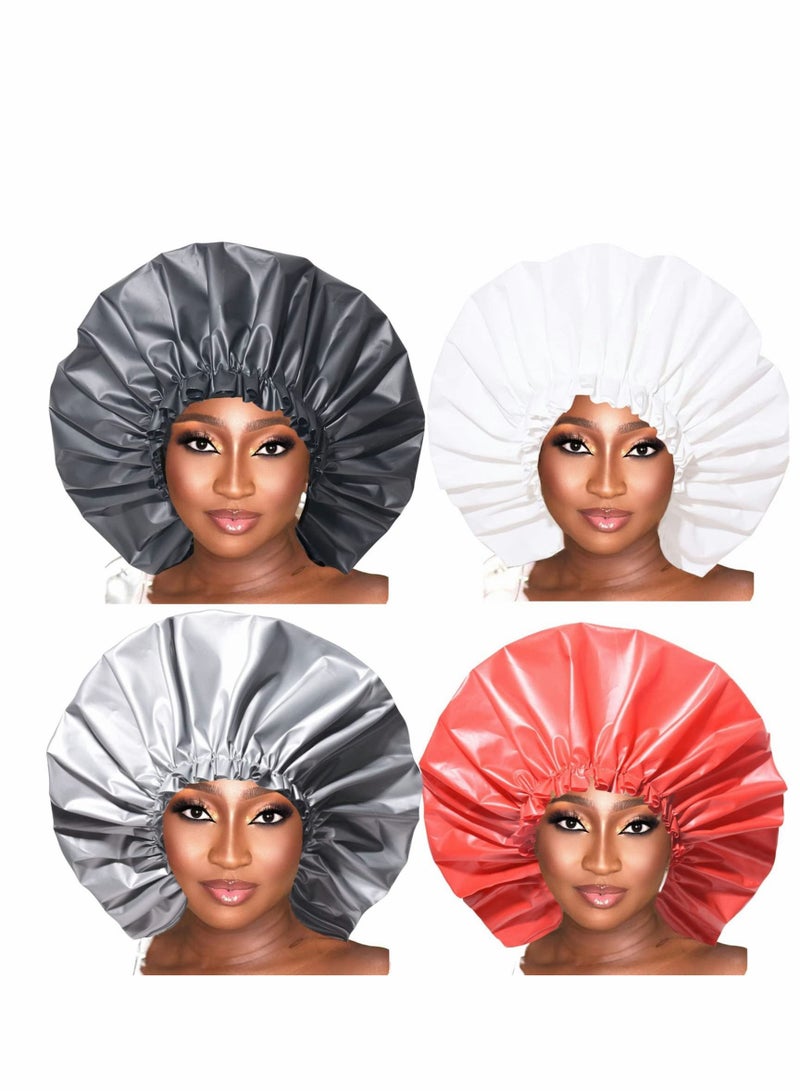Shower Cap, 4 Packs Jumbo Caps for Women Reusable Waterproof with Adjustable Elastic Band, Long Thick Hair Bath - Image 1