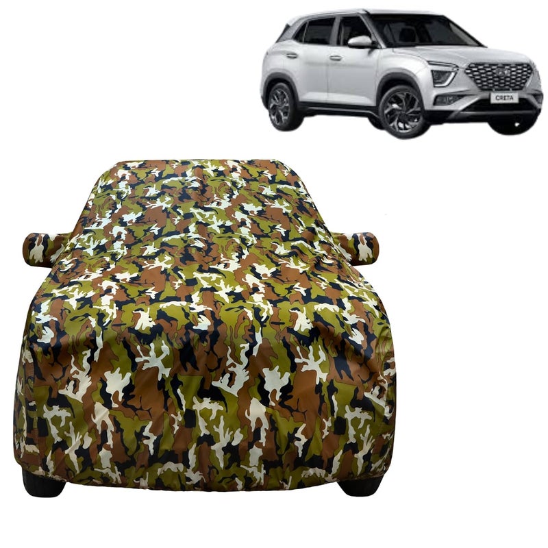 VYAS 100% Waterproof Car Body Cover for Hyundai Creta (2015-2025) with Mirror Pocket Triple Stitched Belt & Buckle Fitting Dual Elastic, Durable Material Jungle Print Camouflage Design - Image 1