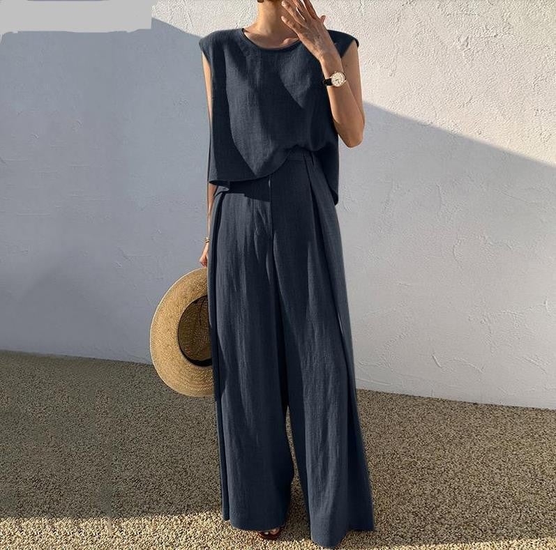 2024 Spring and Summer Cotton Linen Fashion Casual Loose Two-piece Sleeveless Top Loose Wide Leg Pants Women Army Green - Image 3