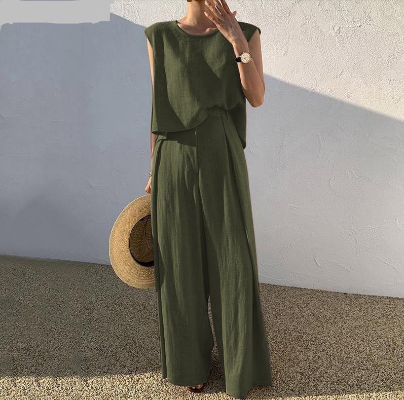 2024 Spring and Summer Cotton Linen Fashion Casual Loose Two-piece Sleeveless Top Loose Wide Leg Pants Women Army Green - Image 1
