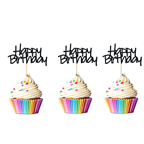 Arthsdite 24pcs Happy Birthday Cupcake Toppers PreAssembled Black Glitter Cake Food Fruit Picks for Celebrating Birthday Party Decoration Supplies - Image 1