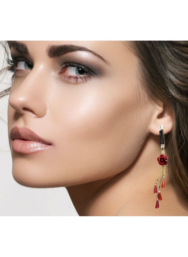 ORE Flower Design Metal Tassel Earrings. Elegant Gemstone Earrings in 5 Stunning Colors - Black, Green, Red, Golden, Blue - Image 1