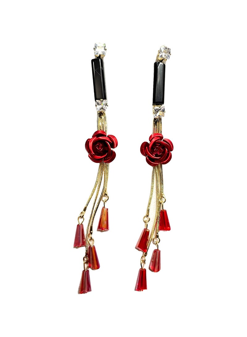 ORE Flower Design Metal Tassel Earrings. Elegant Gemstone Earrings in 5 Stunning Colors - Black, Green, Red, Golden, Blue - Image 2