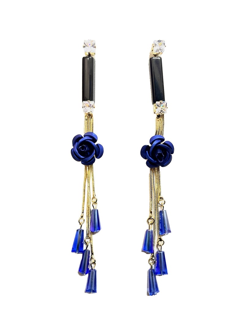 ORE Flower Design Metal Tassel Earrings. Elegant Gemstone Earrings in 5 Stunning Colors - Black, Green, Red, Golden, Blue - Image 3