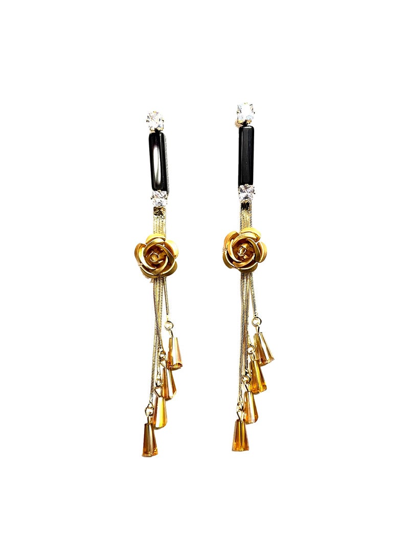 ORE Flower Design Metal Tassel Earrings. Elegant Gemstone Earrings in 5 Stunning Colors - Black, Green, Red, Golden, Blue - Image 5