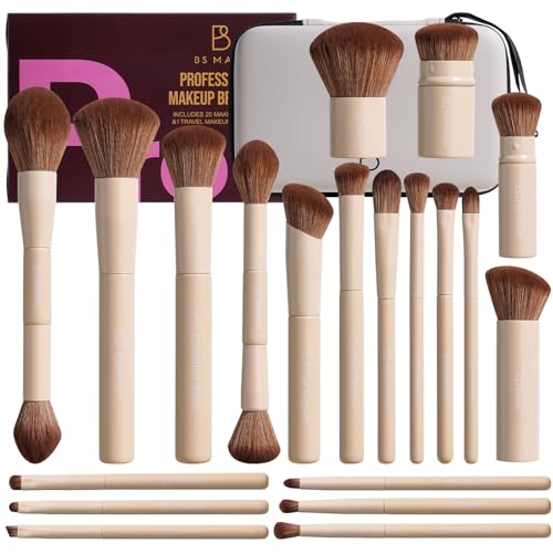 BS Mall Professional Makeup Brushes BSMALL With Travel Case Kabuki Brush Eyeshadow Brush Concealer Brush Blush Brush Bronzer Foundation 20 Pcs Labeled Daily Use Gift Box Aluminum Ferrules Beige - Image 1