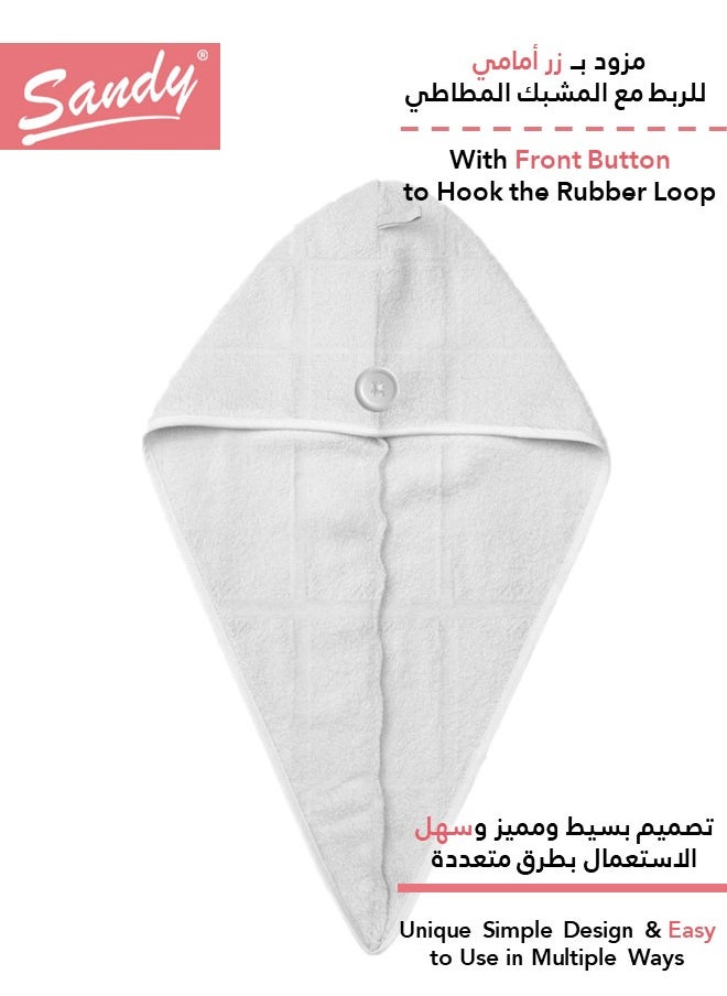 Sandy High Quality Hair100% Cotton Towel Wrap/Turban With Button  Made In Egypt, Soft Quick Drying And Highly Absorbent (2 Pack) 24.5X67 Cm White  - Image 3