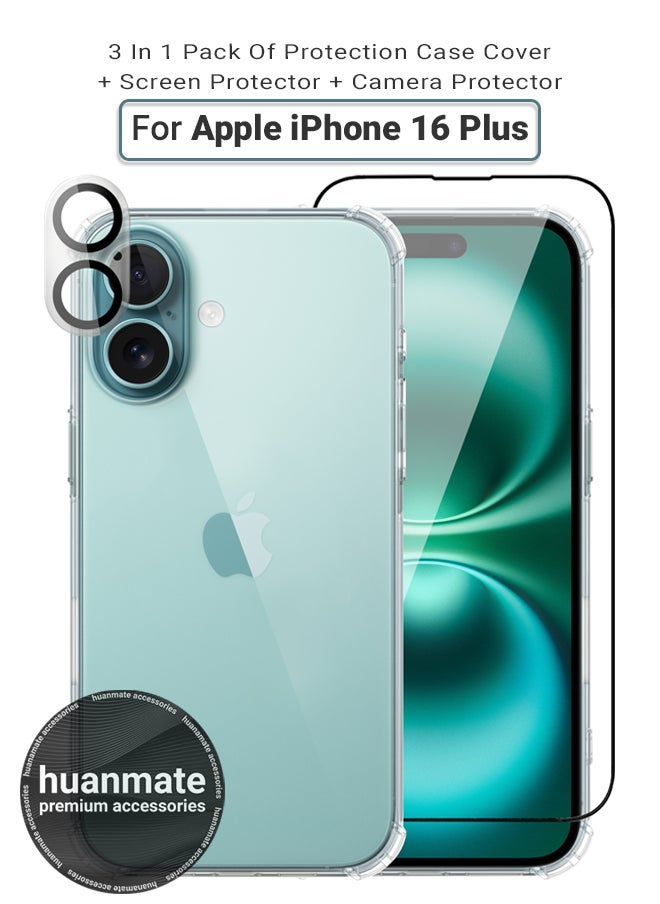 huanmate - 3 in 1 Apple iPhone 16 Plus Protection Pack - Ultra Clear Shockproof Case, Edge-to-Edge Screen Protector & Camera Lens Protector, 360 Degree Full Body Protection for Apple iPhone 16 Plus - Image 1