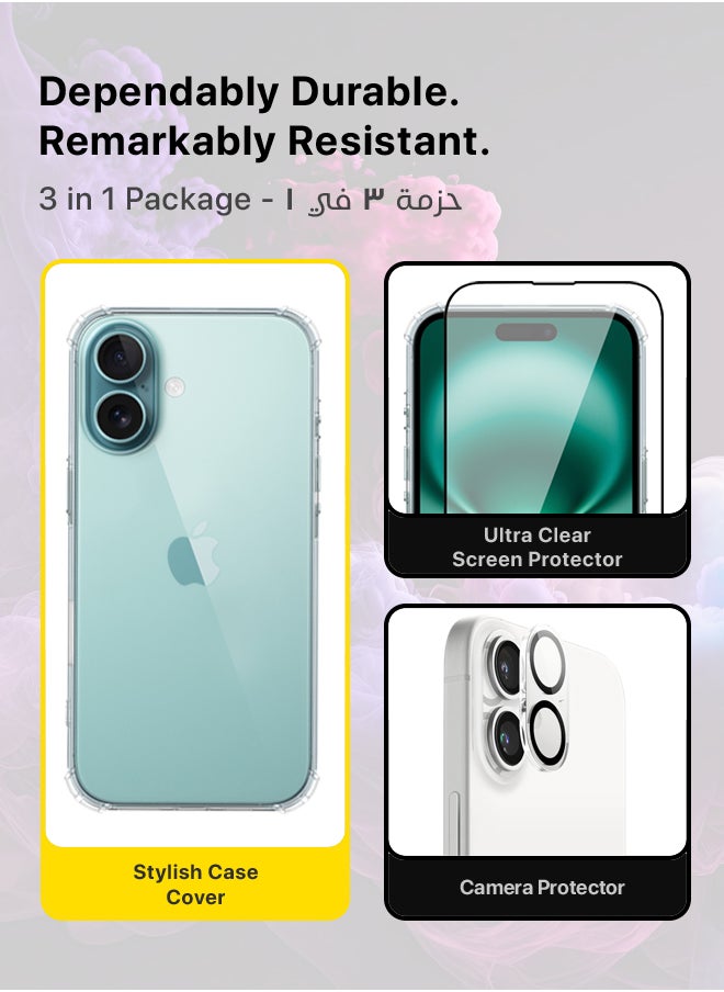 huanmate - 3 in 1 Apple iPhone 16 Plus Protection Pack - Ultra Clear Shockproof Case, Edge-to-Edge Screen Protector & Camera Lens Protector, 360 Degree Full Body Protection for Apple iPhone 16 Plus - Image 1