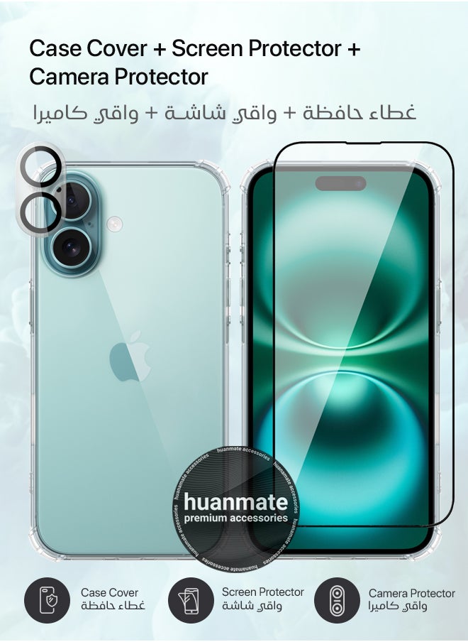 huanmate - 3 in 1 Apple iPhone 16 Plus Protection Pack - Ultra Clear Shockproof Case, Edge-to-Edge Screen Protector & Camera Lens Protector, 360 Degree Full Body Protection for Apple iPhone 16 Plus - Image 1