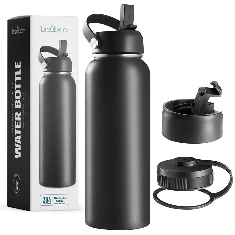 Brewberry Stainless Steel Insulated Water Bottle and Travel Mug for Hot and Cold Beverages Wide Mouth Double Wall Insulated Hydration Sports Water Bottle for Hiking Biking Outdoor 32 OZ BPA Free