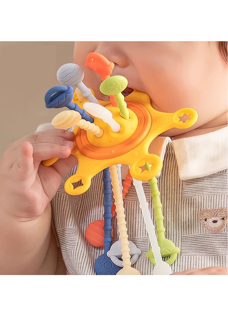 لعبة تسنين آمنة حسية 3 في 1 للأطفال من مونتيسوري، لعبة سحب ودفع بالإصبع للأطفال، لعبة سحب خيط من السيليكون للأطفال، لعبة عضاضة للأنشطة التنموية، لعبة للتنمية المبكرة، مصنوعة من بلاستيك ABS عالي الجودة وسيليكون صالح للطعام. - Image 1