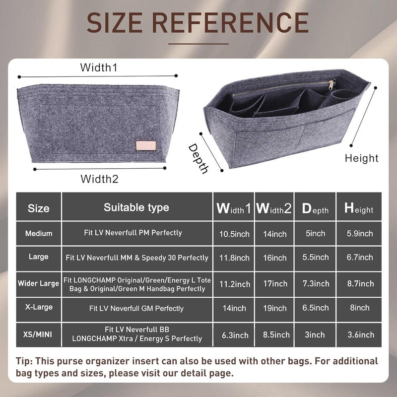 Doxo Purse Organizer Insert Handbag&Tote Felt with Bag Fits for Speedy and Neverfull & Base Shaper 2pc Set (Large- Gray-Combination) - Image 2