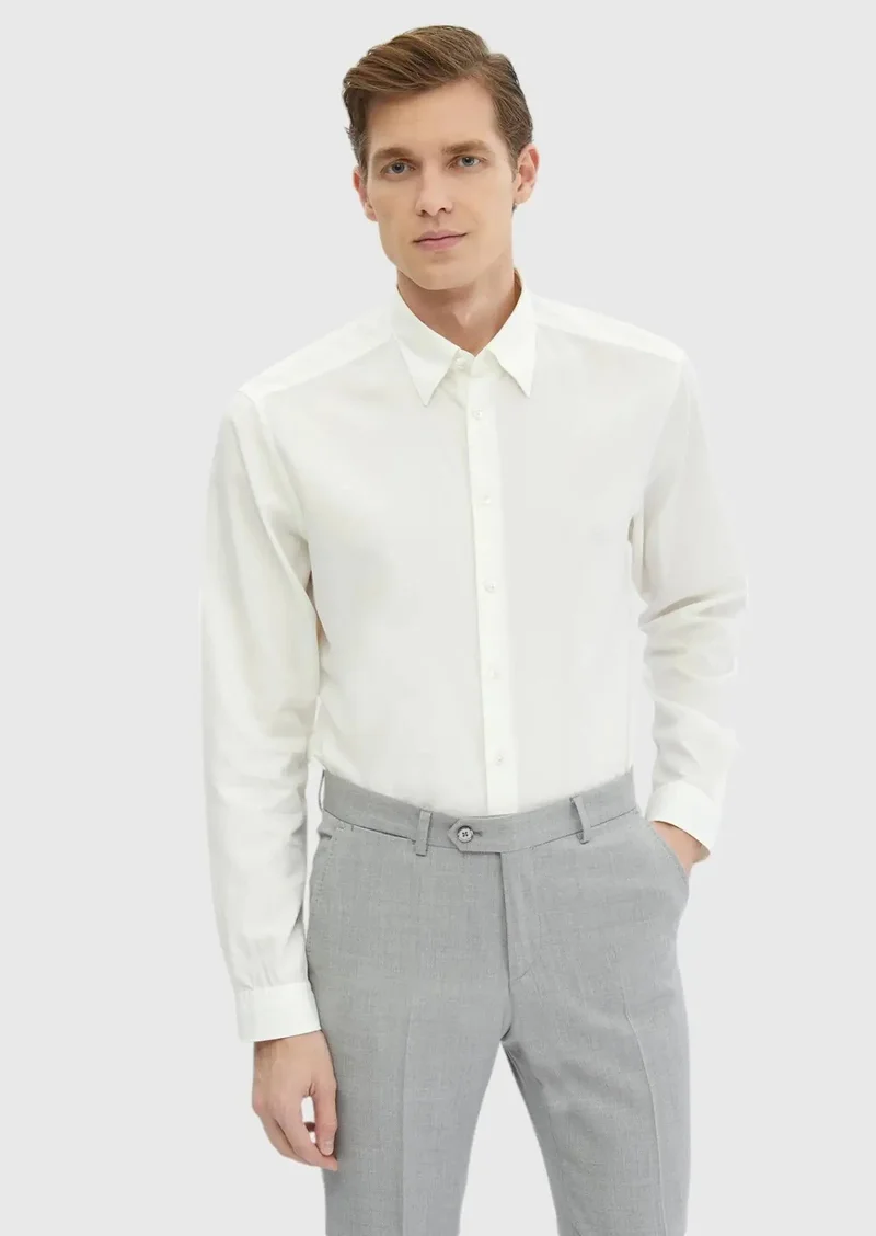 RAMSEY Ecru Plain Casual Fit Weaving Casual Cotton Blended Shirt