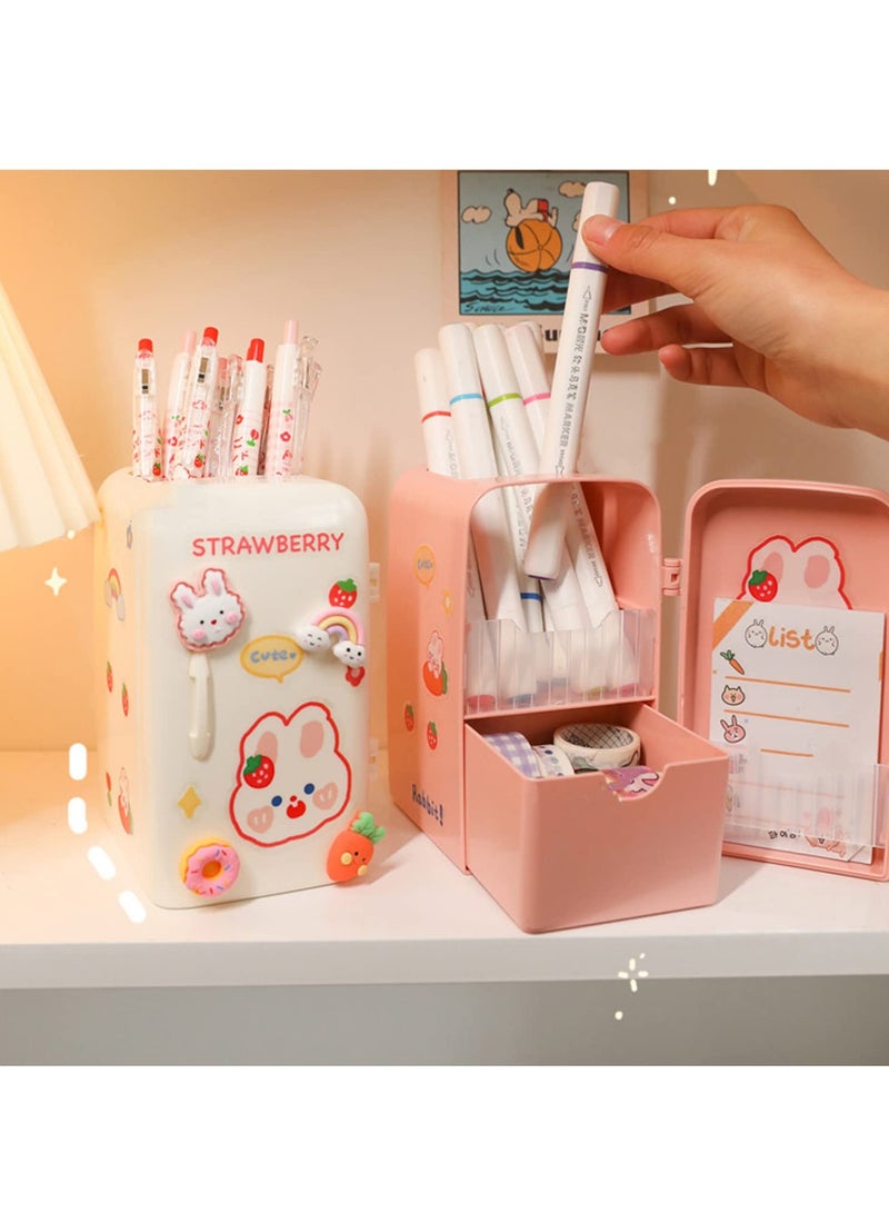 SYOSI مجموعة من 2 حامل أقلام جميل من SYOSI، منظم أقلام للثلاجة، حامل أقلام متعدد الوظائف بسعة كبيرة مع منظم أدراج لتخزين سطح المكتب والمنزل والمدرسة والمكتب، باللونين الوردي والأبيض - Image 5