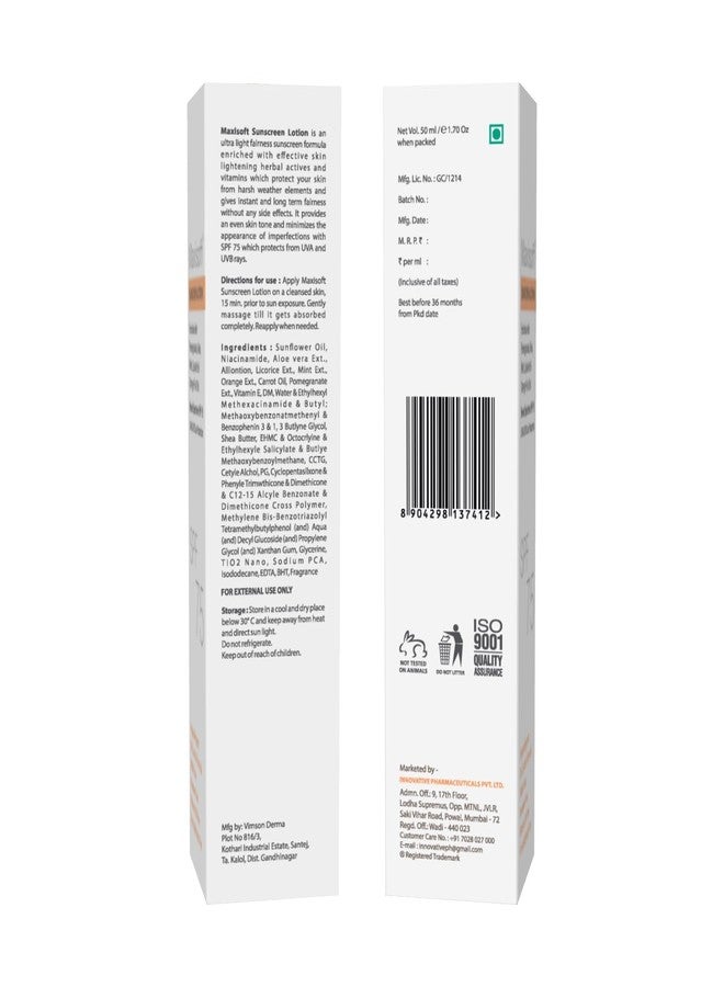 Maxisoft Sunscreen Lotion SPF 75 |Paraben Free|Mineral Oil Free|PABA Free|UVA & UVB Protection|(50 ml Pack Of 1) - Image 3