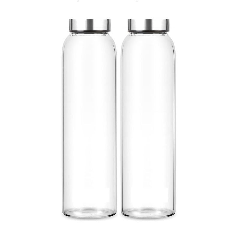 BrezzyCloud Glass Fridge Water Bottle with Steel Cap | Leak proof & detox water bottle glass | Wide mouth & Easy to Clean | Best Usage for Office/School/College | Set of 2, 800ml | Clear - Image 1
