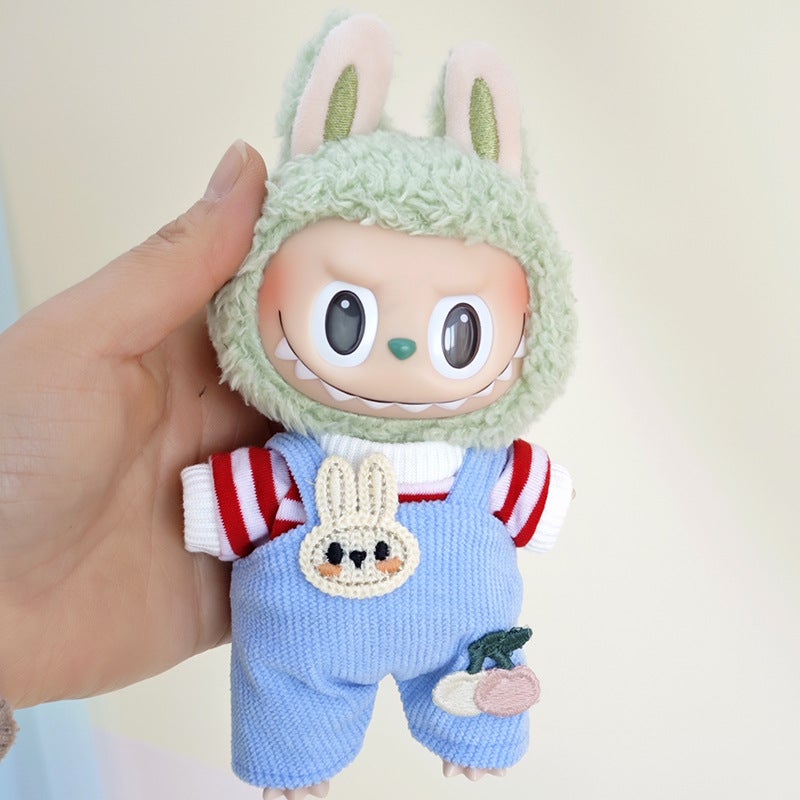 The suspenders are suit suitable for cloth pendant clothes to replace the 17cm Macaron vinyl Labubu doll clothes.(Red T-shirt blue corduroy suspenders [without baby], Suitable for 17cm pull cloth pendant) - Image 1