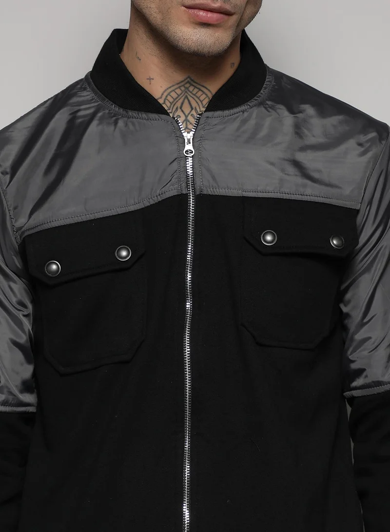 Campus Sutra Men's Black & Grey Zip-Front Jacket With Flap Pocket