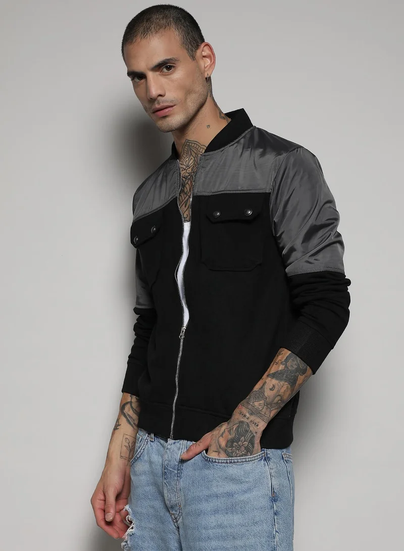 Campus Sutra Men's Black & Grey Zip-Front Jacket With Flap Pocket