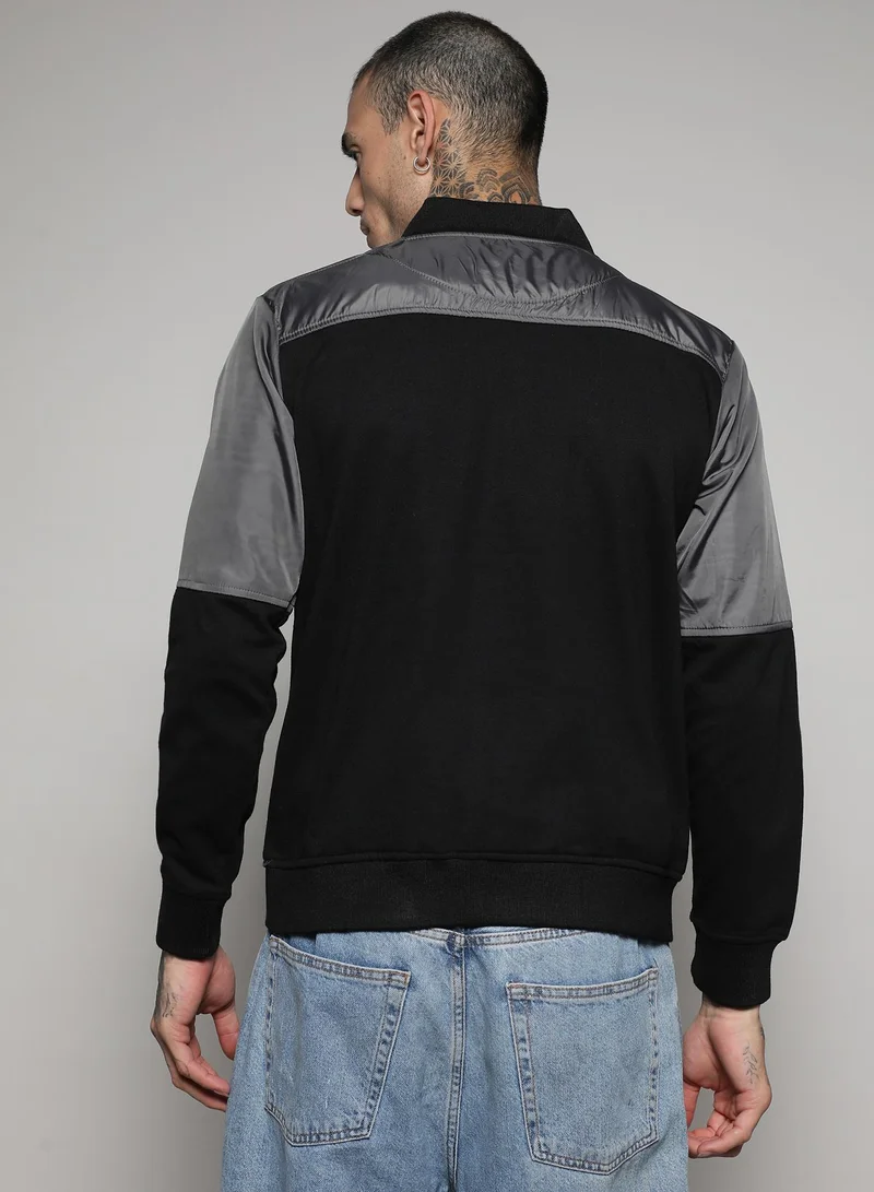 Campus Sutra Men's Black & Grey Zip-Front Jacket With Flap Pocket