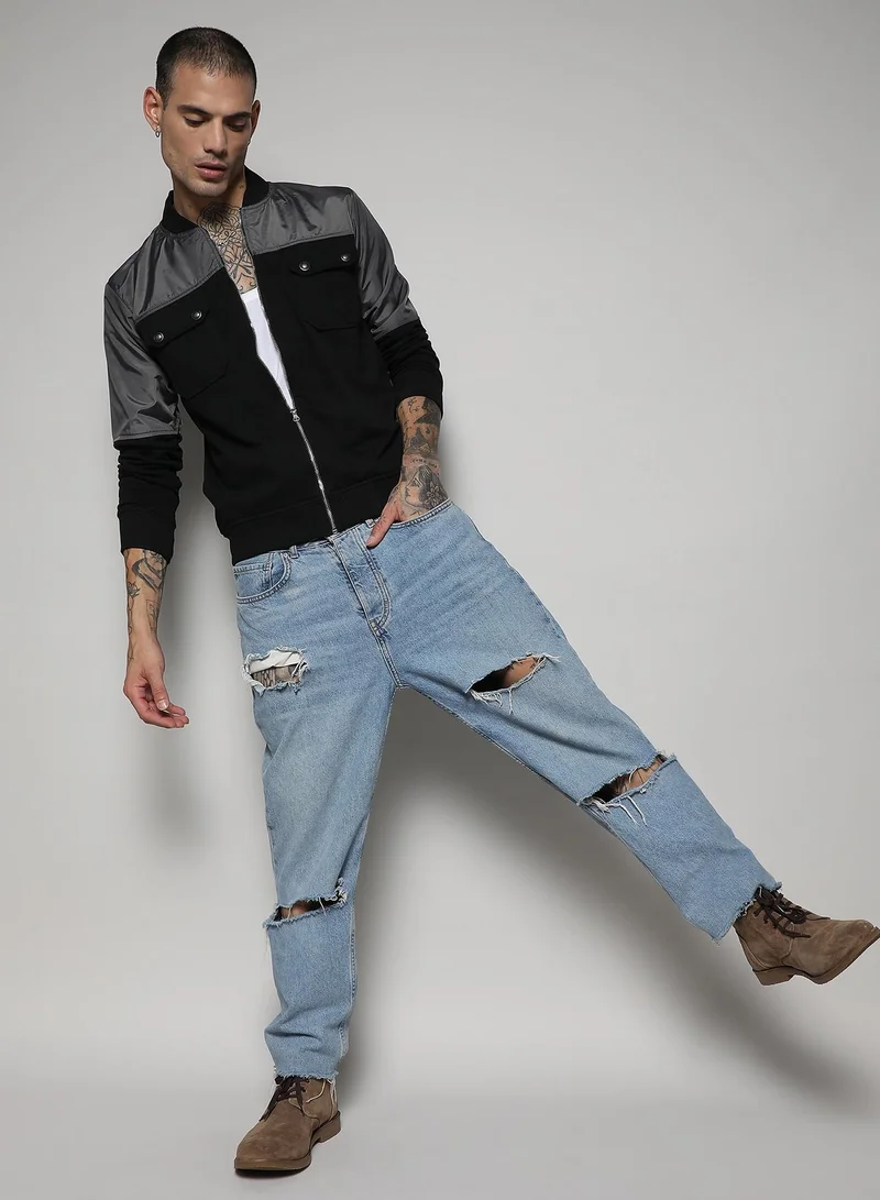 Campus Sutra Men's Black & Grey Zip-Front Jacket With Flap Pocket