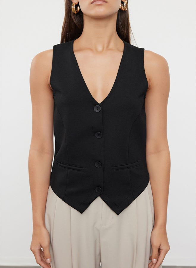 trendyol Black V-Neck Buttoned Regular Knitted Vest TWOAW25YE00060 - Image 3