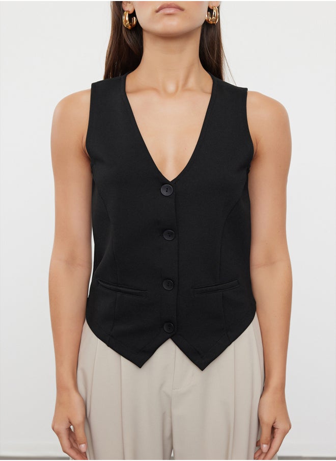 trendyol - Black V-Neck Buttoned Regular Knitted Vest TWOAW25YE00060 - Image 1