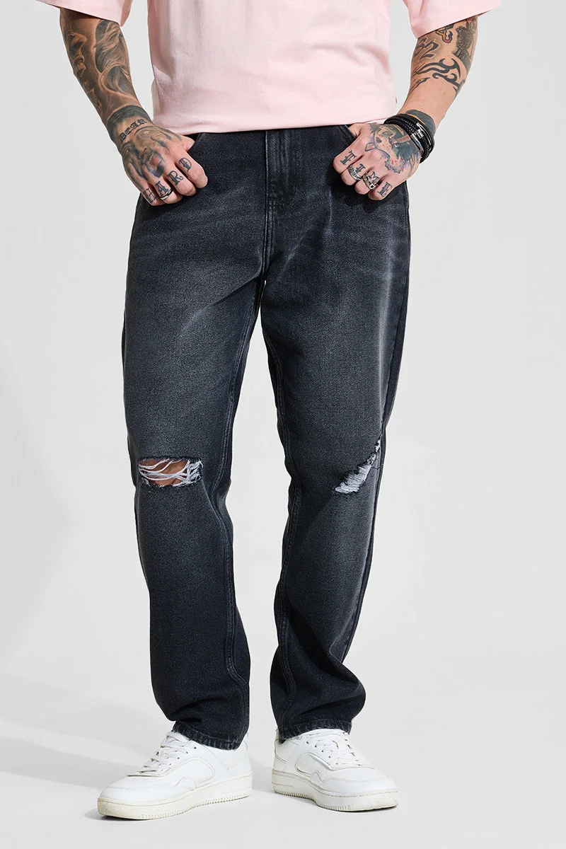 سنيتش Charcoal Grey Solid Wide Leg Streetwear Jeans