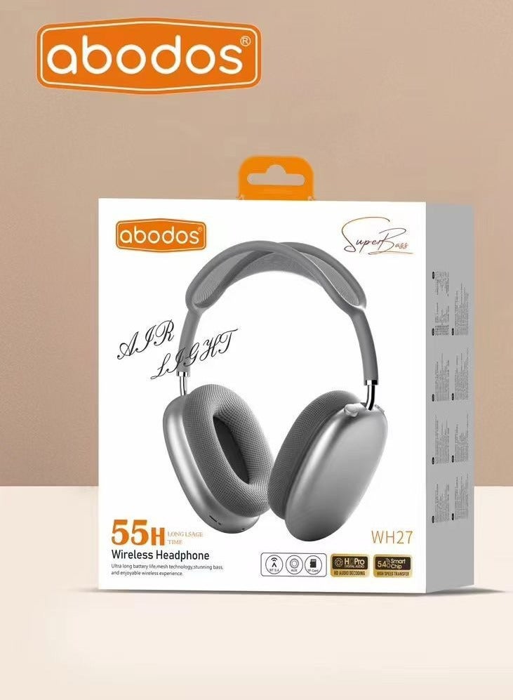 Abodos AS-WH27 Wireless Headset Super Bass, Noise Reduction, 55H Playtime, Ultra Long Battery Life, Comfortable Over-Ear Headphones Grey - Image 1