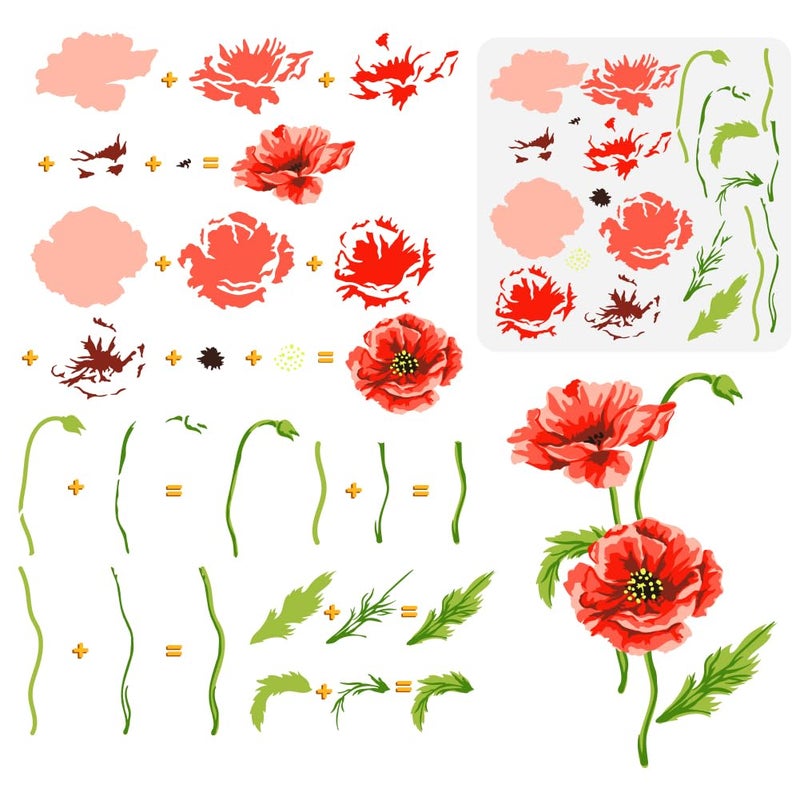 FINGERINSPIRE Layered Poppy Flower Painting Stencil 11.8x11.8 inch Reusable Poppy Wildflower Drawing Template DIY Craft Plant Floral Decoration Stencil for Painting on Wood Wall Fabric Furniture - Image 1