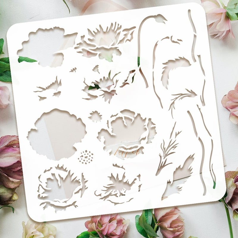 FINGERINSPIRE Layered Poppy Flower Painting Stencil 11.8x11.8 inch Reusable Poppy Wildflower Drawing Template DIY Craft Plant Floral Decoration Stencil for Painting on Wood Wall Fabric Furniture - Image 3