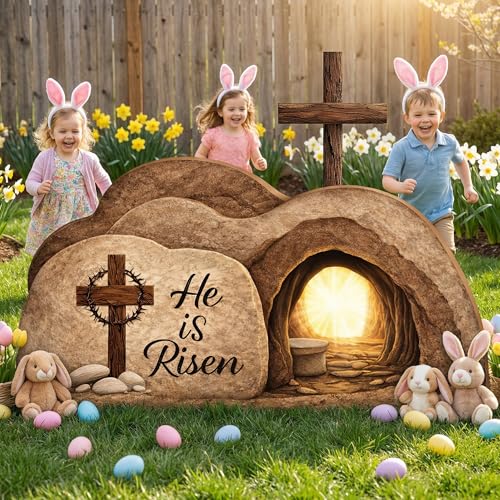 LFUTARI 48'' x 25'' Easter Empty Tomb Cardboard Display, Religious Resurrection Cardboard Decoration, Stand-Up He is Risen Cutout for Easter Gathering Church Stage Background Photo Prop - Image 4