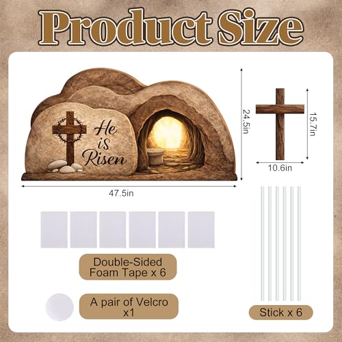 LFUTARI 48'' x 25'' Easter Empty Tomb Cardboard Display, Religious Resurrection Cardboard Decoration, Stand-Up He is Risen Cutout for Easter Gathering Church Stage Background Photo Prop - Image 2