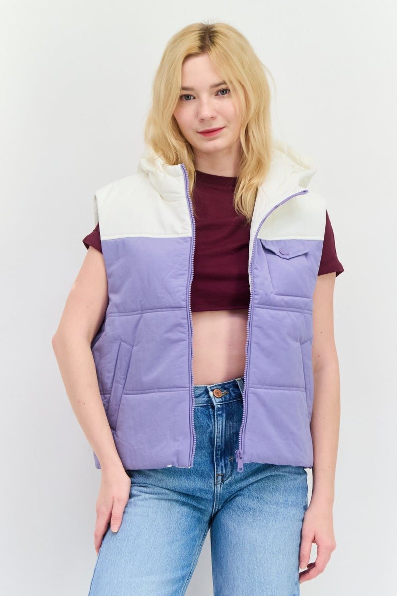Annorlunda Women Hooded Two-Tone Vest Jacket, Purple - Image 1