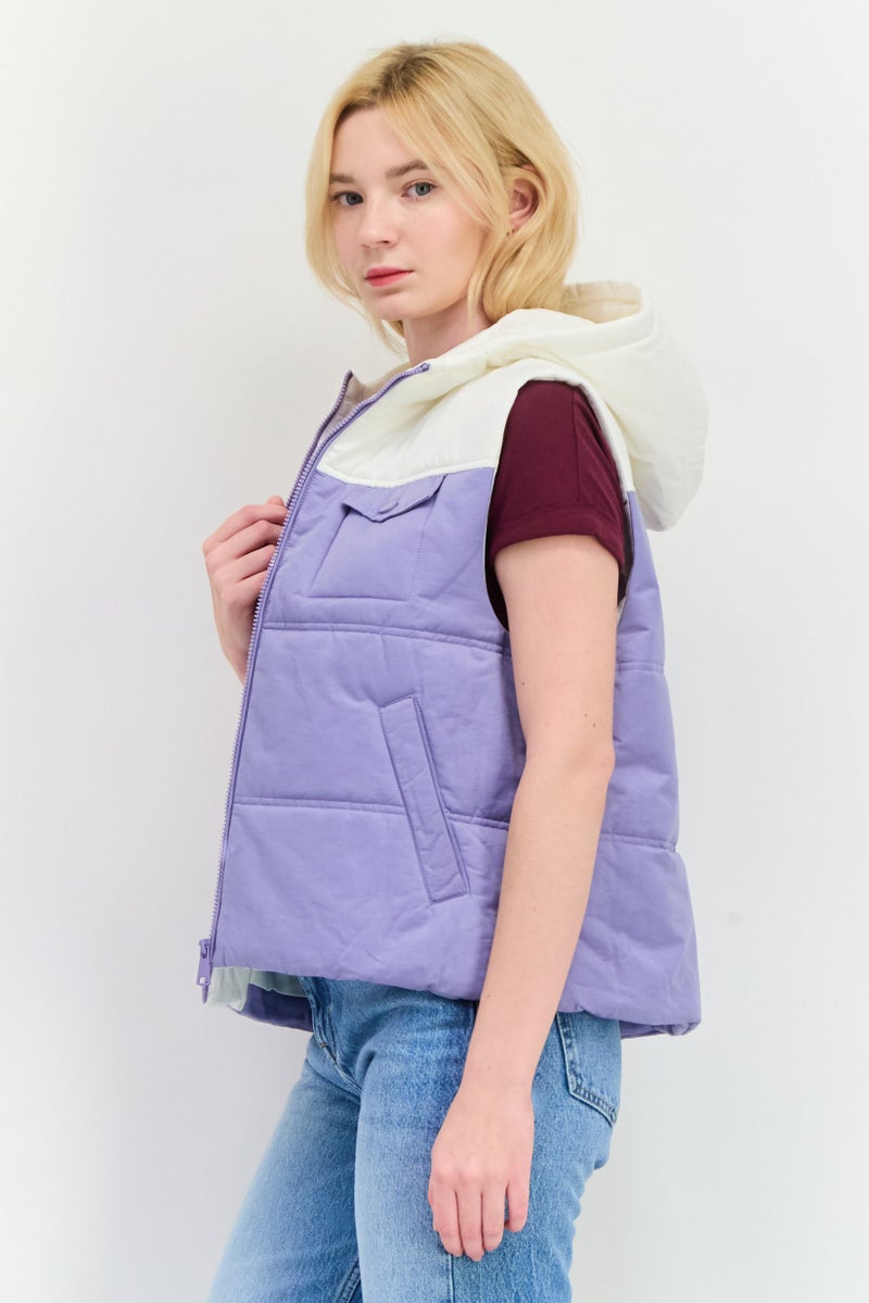 Annorlunda Women Hooded Two-Tone Vest Jacket, Purple - Image 3