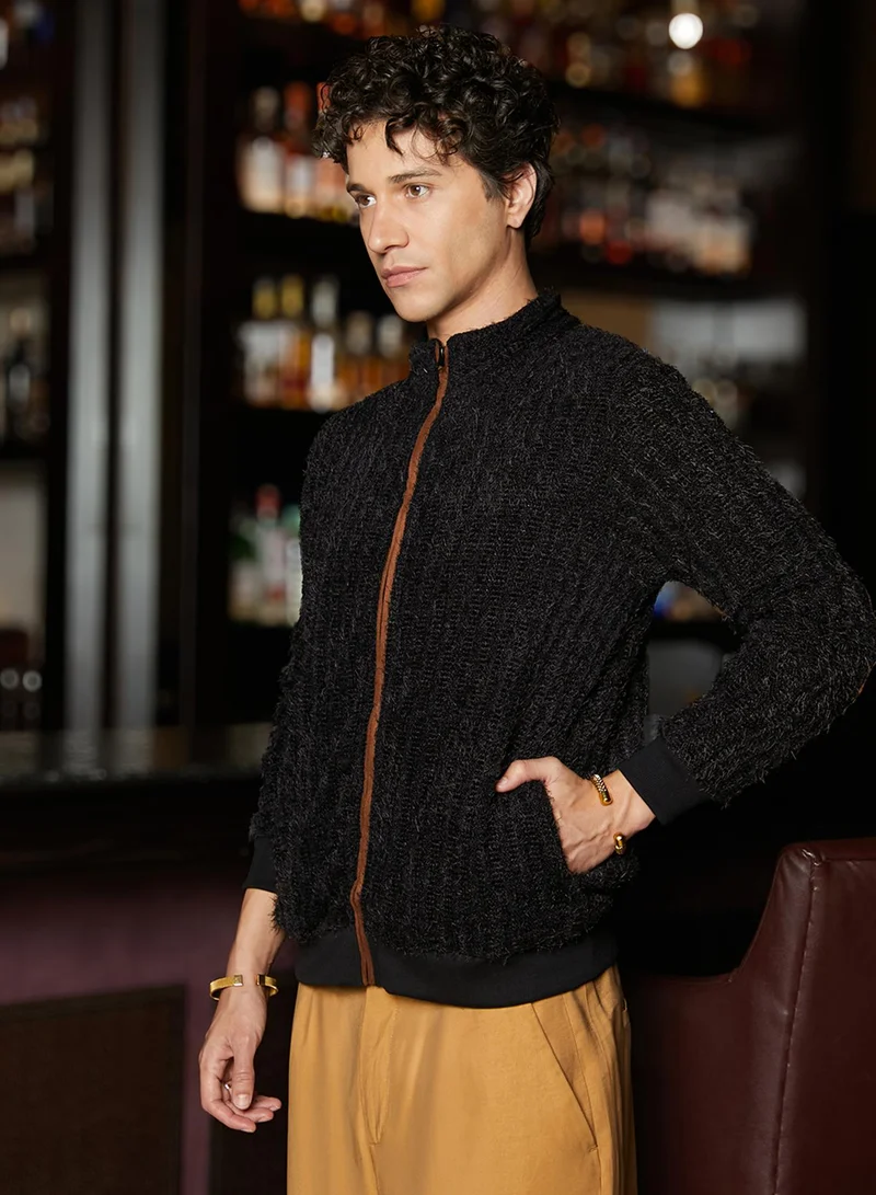 CAHOOT  Men's Carbon Black Self-Design Striped Knitted Jacket for Men | Best Price UAE