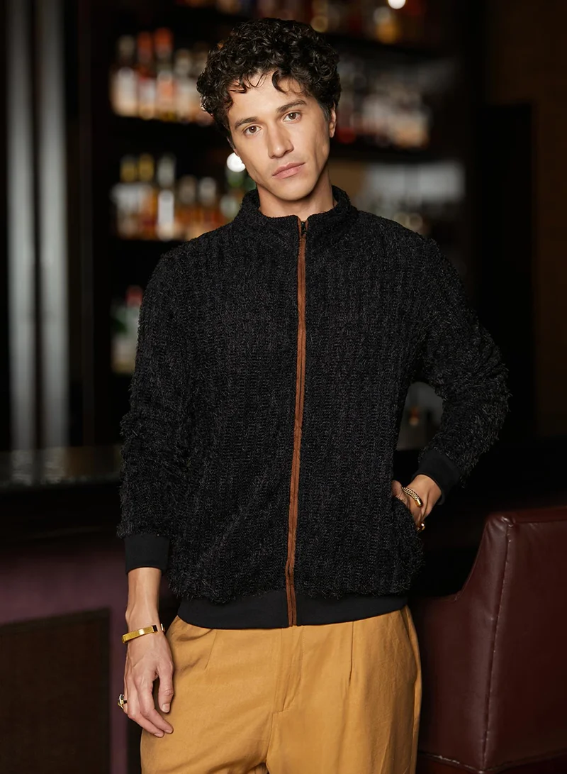 Campus Sutra Men's Carbon Black Self-Design Striped Knitted Jacket