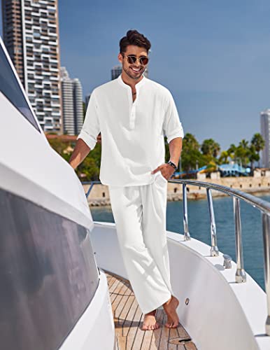 COOFANDY Mens 2 Pieces Cotton Linen Set Long Sleeve Henley Shirts Casual Beach Pants With Pockets Summer Yoga Outfits - Image 3