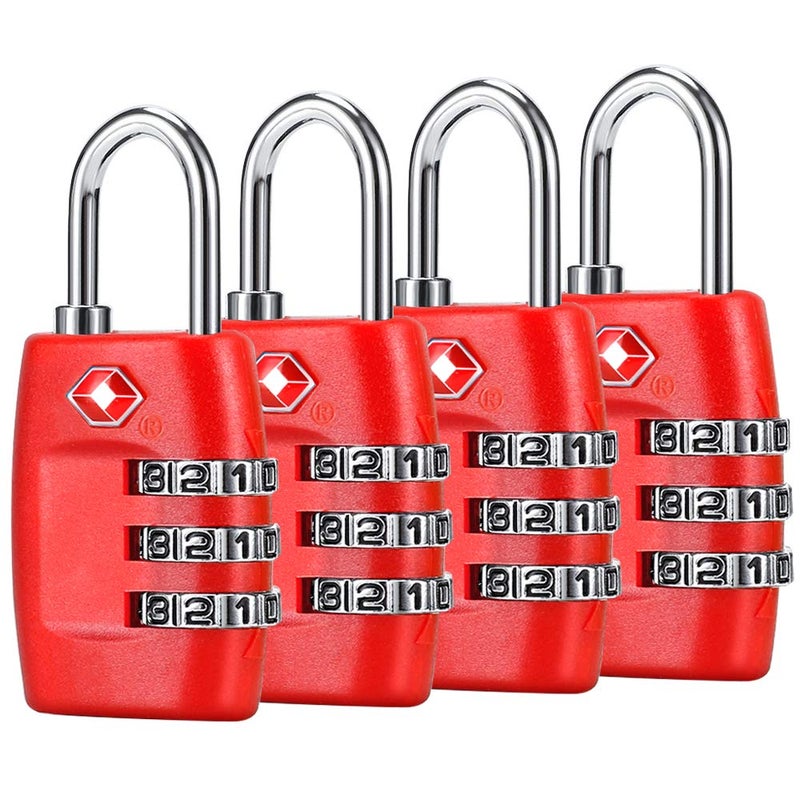 Cluckyu Tsa Luggage Locks (4Pack) - 3 Digit Combination Padlocks - Approved Travel Lock For Suitcases & Baggage (Red) - Image 1