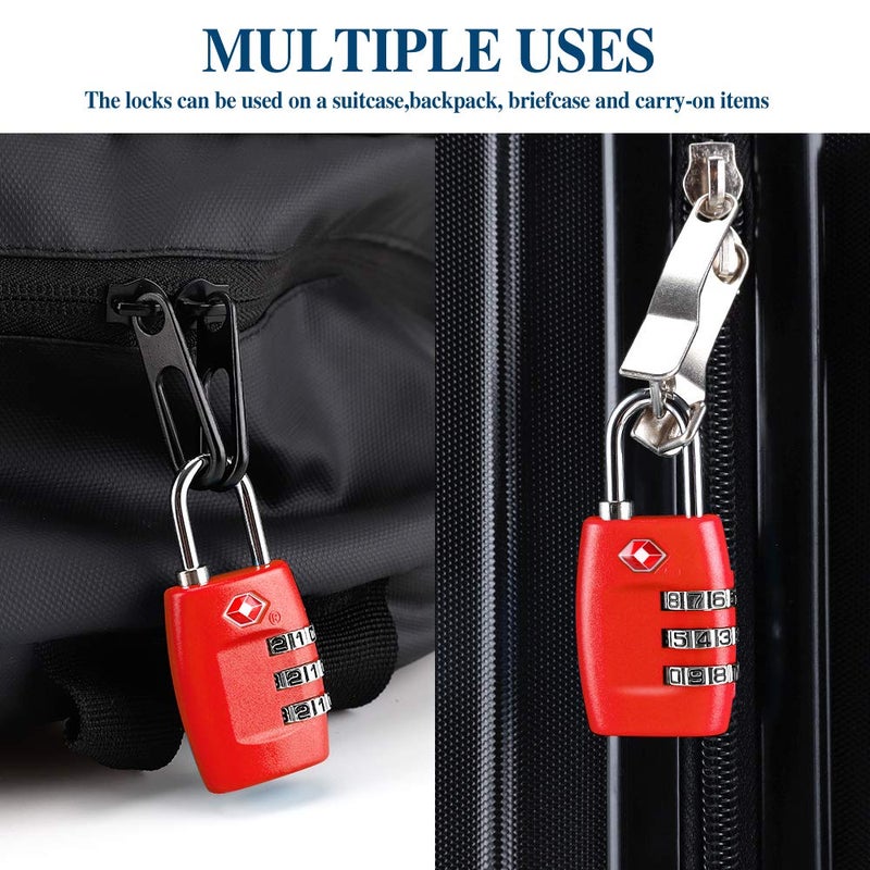 Cluckyu Tsa Luggage Locks (4Pack) - 3 Digit Combination Padlocks - Approved Travel Lock For Suitcases & Baggage (Red) - Image 4