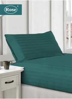 Rose Rose Luxurious Hotel Stripe Fitted Sheet with Deep Pockets and Pillow Case, Bed Sheet 2-Pieces Set, Soft & Silky Microfiber, Breathable and Cooling, Extra Twin Size 120x200+35 cm, Petrol  - Image 1